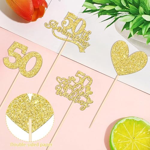 50th Anniversary Heart Centerpieces Gold Glitter 12PCS Wedding Decoration
