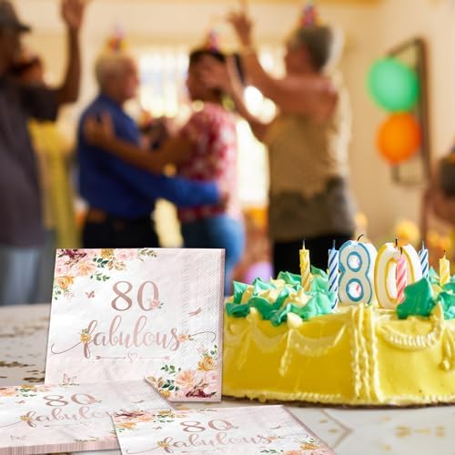 40 Pieces Rose Gold Floral Paper Napkins for 80th Birthday Party