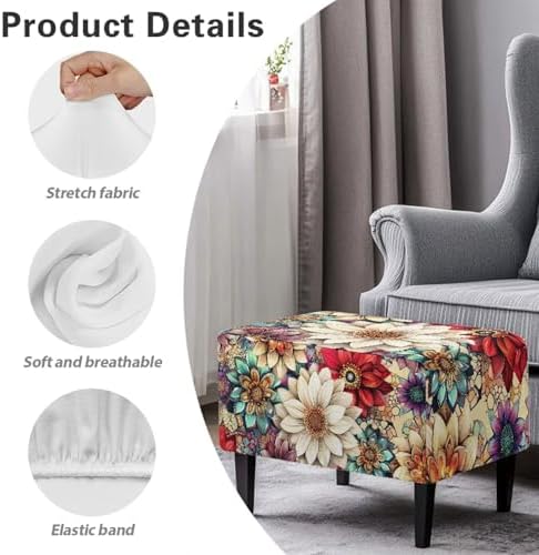 Boho Flower Print Stretch Ottoman Cover with Elastic Bottom