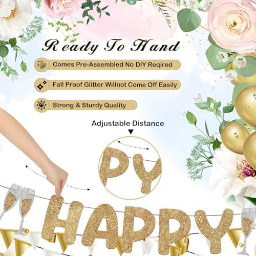 Breling Glitter Happy Engagement Banner 10 Feet Champagne Gold
