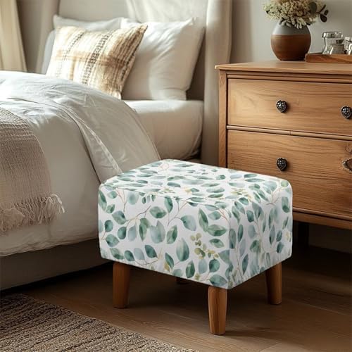 Zoutairong Rectangular Ottoman Slipcover Green Leaf Print Elastic Footstool Cover