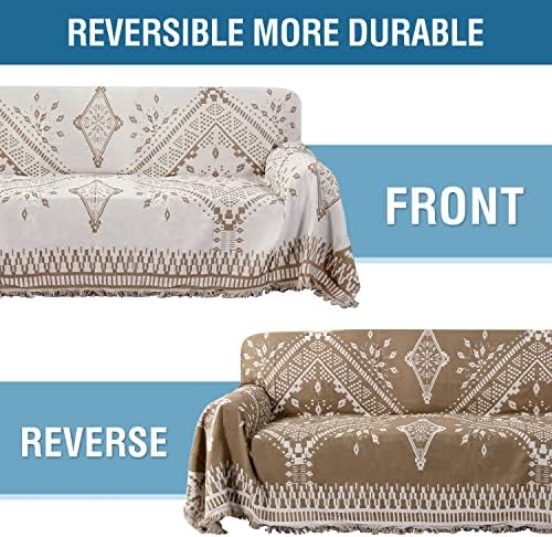 HVERSAILTEX Reversible Sofa Cover with Tassels XX-Large 91x134 Sand White