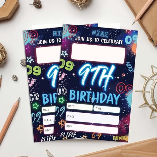 Blue Ninth Birthday Invitations with Envelopes