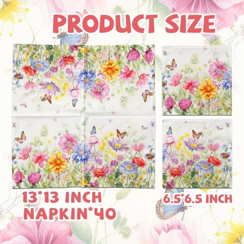 40Pcs Spring Floral Napkins with Wildflowers Design