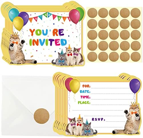 20 Pcs Cat Birthday Invitations with Envelopes and Stickers