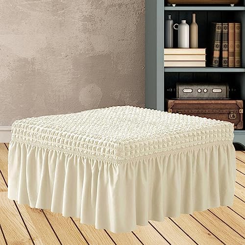 NIDITW Stretch Beige Seersucker Ottoman Cover with Skirt