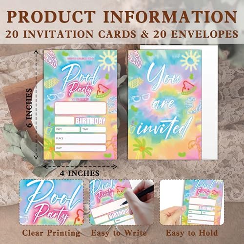 Pool Party Invitations 20 Pack with Envelopes