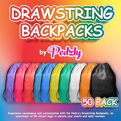 Podzly Bulk 50 Pack Drawstring Backpacks - Bright Colors