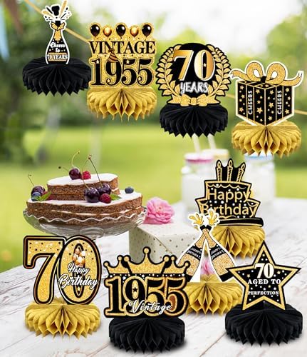 9 Pcs 70th Birthday Black and Gold Centerpieces