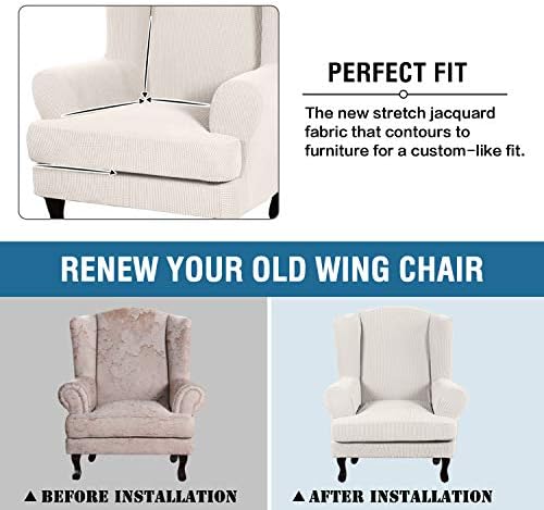 HVERSAILTEX 2 Piece Stretch Jacquard Wingback Chair Covers Ivory