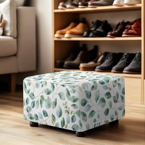 Zoutairong Rectangular Ottoman Slipcover Green Leaf Print Elastic Footstool Cover