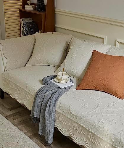 Vctops Cotton Quilted Sofa Cover with Floral Leaves Embroidery