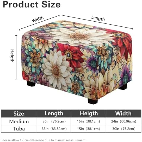 Boho Flower Print Stretch Ottoman Cover with Elastic Bottom