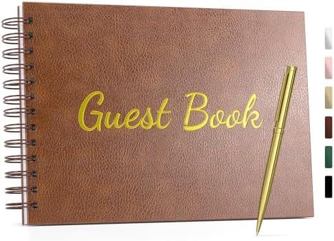WEMATE Leather Guest Book with Pen for Weddings and Events Brown