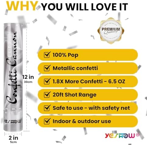 Confetti Cannon Party Poppers Shooters 6 Pack Silver Metallic