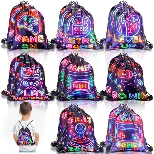 Huhumy 16 Pcs Neon Video Game Drawstring Bags for Parties