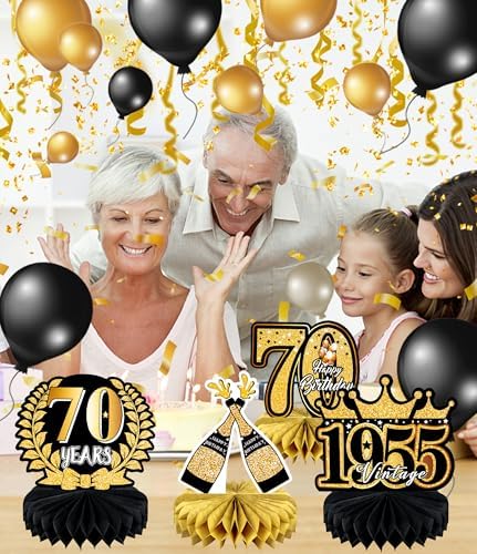9 Pcs 70th Birthday Black and Gold Centerpieces