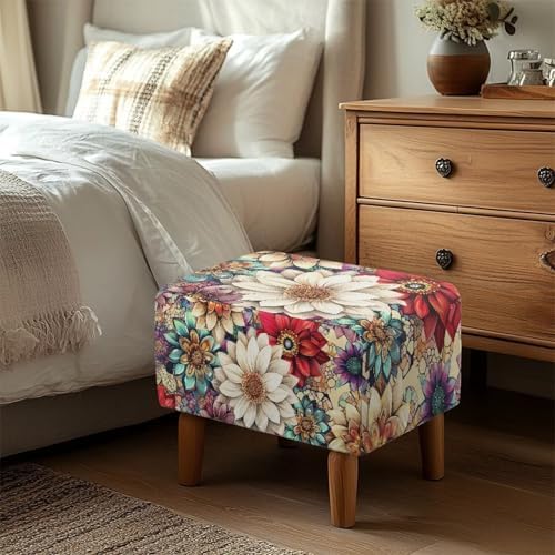 Boho Flower Print Stretch Ottoman Cover with Elastic Bottom