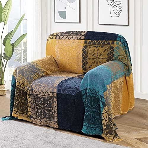 Turquoize Boho Sofa Cover Cotton Chenille Decor