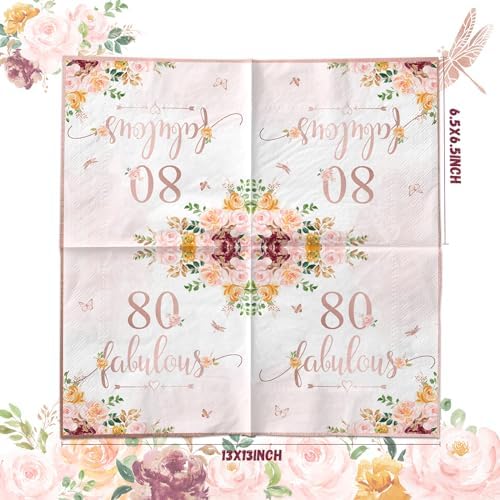 40 Pieces Rose Gold Floral Paper Napkins for 80th Birthday Party