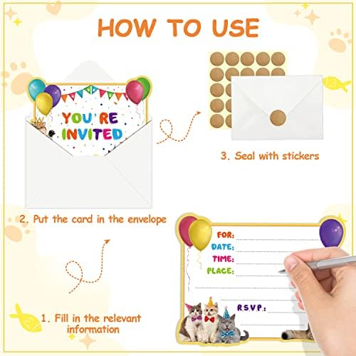 20 Pcs Cat Birthday Invitations with Envelopes and Stickers