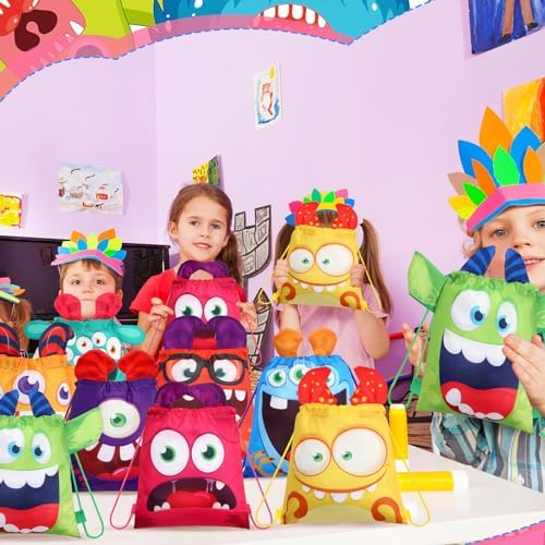 Hillban 16 Pcs Monster Drawstring Bags for Kids Party Favors