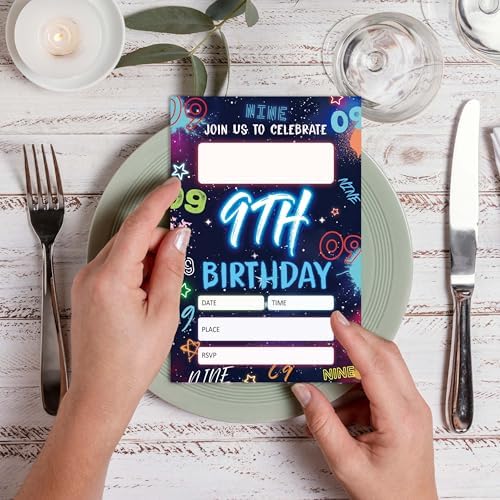 Blue Ninth Birthday Invitations with Envelopes