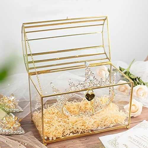 Gold Glass Card Box With Heart Lock And Slot