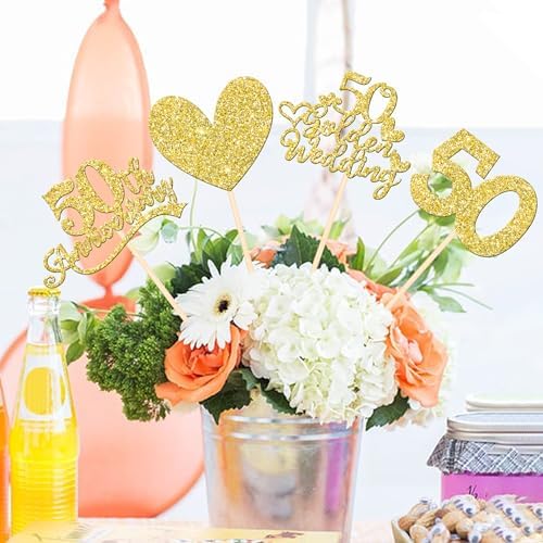 50th Anniversary Heart Centerpieces Gold Glitter 12PCS Wedding Decoration