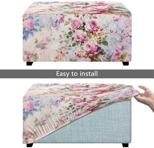 Pink Rose Rectangle Ottoman Slipcover 30x24x15 Inch