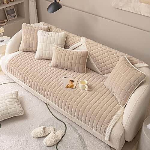 Vctops Velvet Plush Plaid Sofa Cover Non Slip Sectional Couch Protector