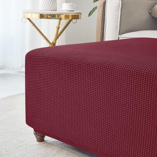 ANWUCHEN Thick Knitted Ottoman Cover - Soft Velvet Stool Slipcover - Elastic Fit Medium Red