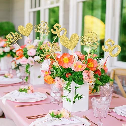 50th Anniversary Heart Centerpieces Gold Glitter 12PCS Wedding Decoration