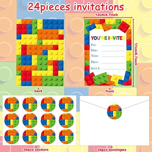 Wiooffen Building Blocks Birthday Invitations for 24 Guests