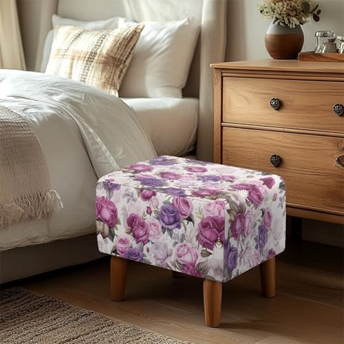 Purple Floral Stool Cover Non-Slip Ottoman Slipcover