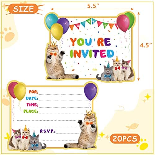 20 Pcs Cat Birthday Invitations with Envelopes and Stickers