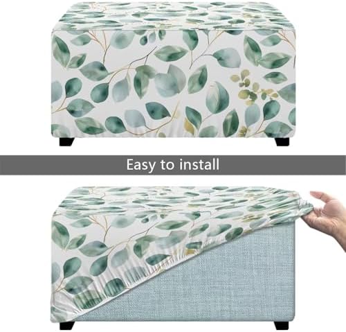 Zoutairong Rectangular Ottoman Slipcover Green Leaf Print Elastic Footstool Cover
