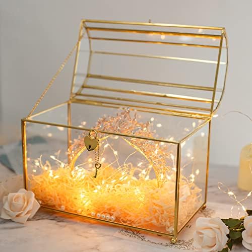 Gold Glass Card Box With Heart Lock And Slot