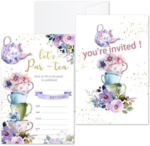 Floral Tea Party Birthday Invites Cards with Envelopes