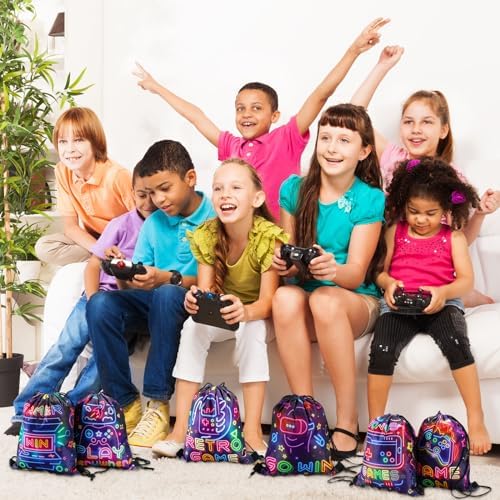 Huhumy 16 Pcs Neon Video Game Drawstring Bags for Parties