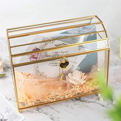 Gold Glass Card Box With Heart Lock And Slot