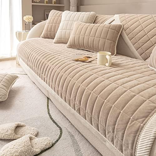 Vctops Velvet Plush Plaid Sofa Cover Non Slip Sectional Couch Protector