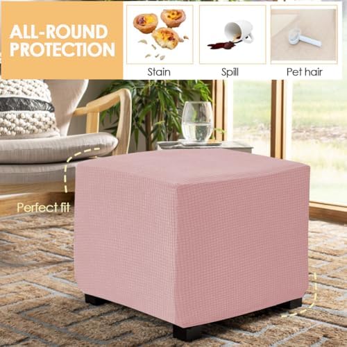 Waterproof Square Ottoman Cover with Elastic Band S Pink