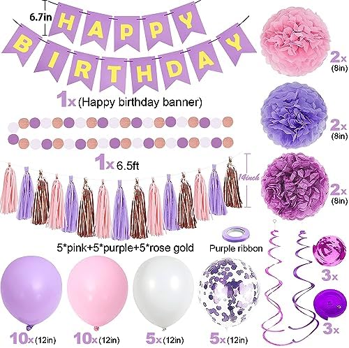 Purple Pink Birthday Decorations Set for Women Girls