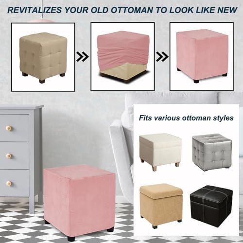 Square Ottoman Cover Stretch Slipcover Thick Soft Intertwined Pattern Pink Small 1PC