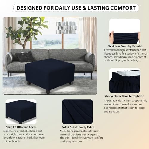 Square Ottoman Cover Waterproof Stretch Jacquard Slipcover Medium Navy Blue