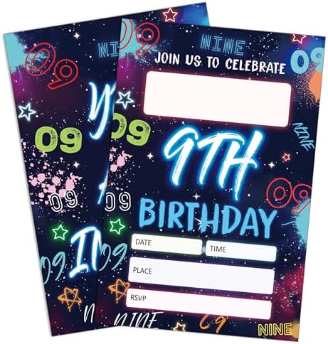 Blue Ninth Birthday Invitations with Envelopes