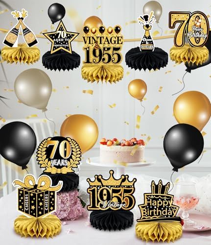 9 Pcs 70th Birthday Black and Gold Centerpieces