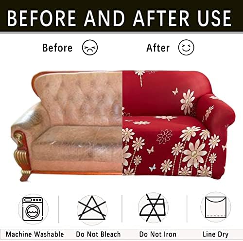 Qubjus Stretch Sofa Cover with Red Flower Pattern and One Cushion Cover