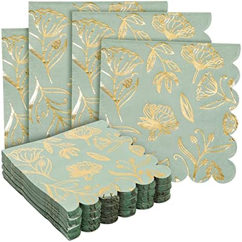 Sparkle and Bash 50-Pack Green Napkins with Gold Foil Flowers